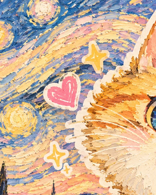 油画局部：画在天空里的粉色爱心与星芒
